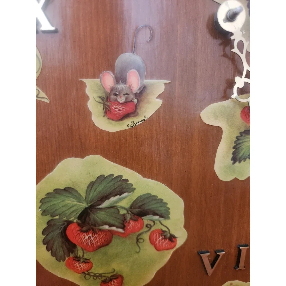 Vintage Wood‎ Clock Strawberries Mice Greenery Gold Cottage Core